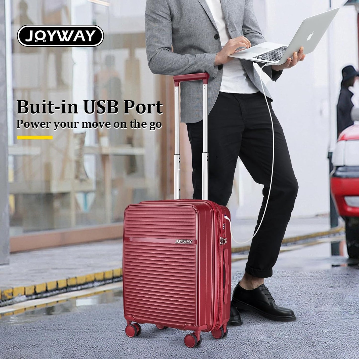 Dluxe Ave. 24 Inch Checked Luggage/ PP Hardside/ Double Spinner Wheels/ TSA Lock and USB Port/ Red