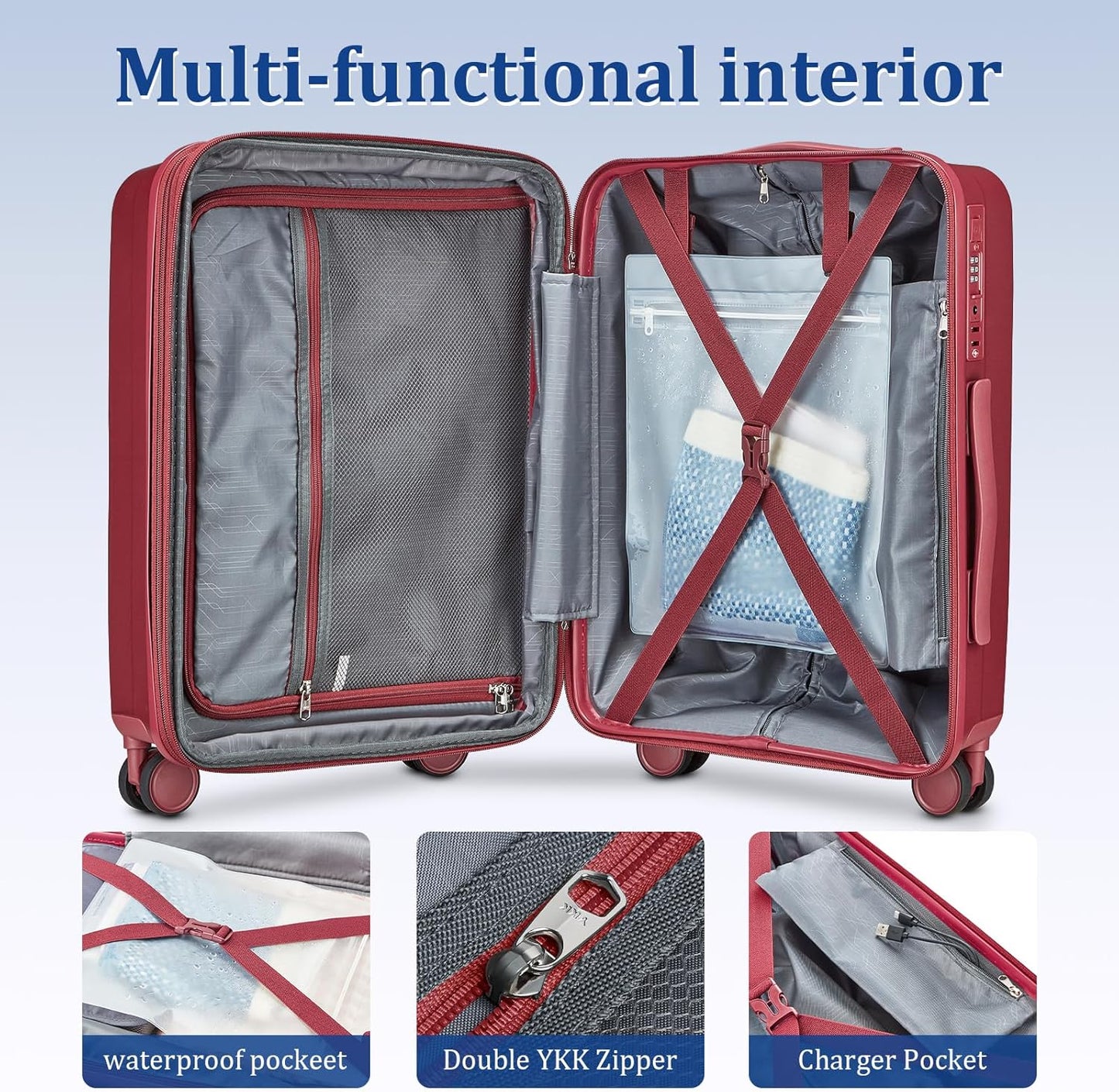 Dluxe Ave. 24 Inch Checked Luggage/ PP Hardside/ Double Spinner Wheels/ TSA Lock and USB Port/ Red