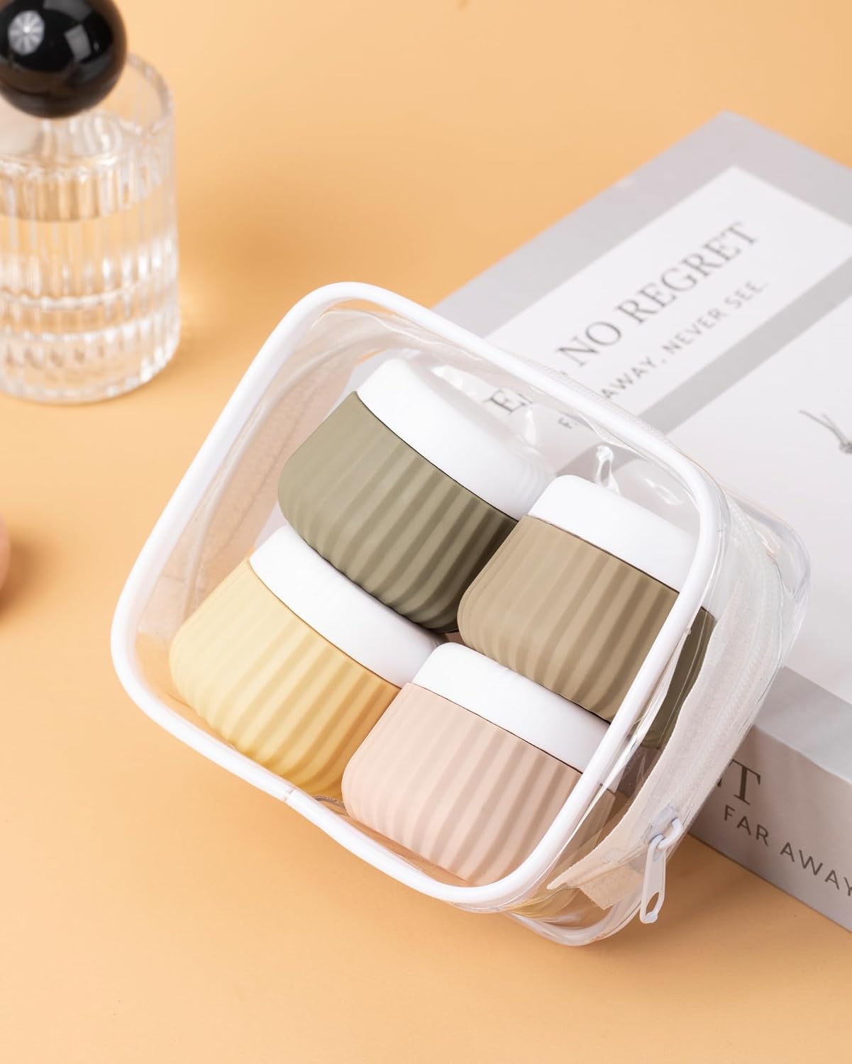 Dluxe Ave. Travel Containers for Toiletries 4 Pack/ TSA Approved/ Clear Bag/ Leak Proof Silicone Jars/ Small