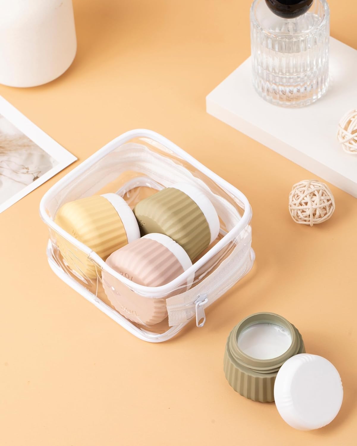 Dluxe Ave. Travel Containers for Toiletries 4 Pack/ TSA Approved/ Clear Bag/ Leak Proof Silicone Jars/ Small