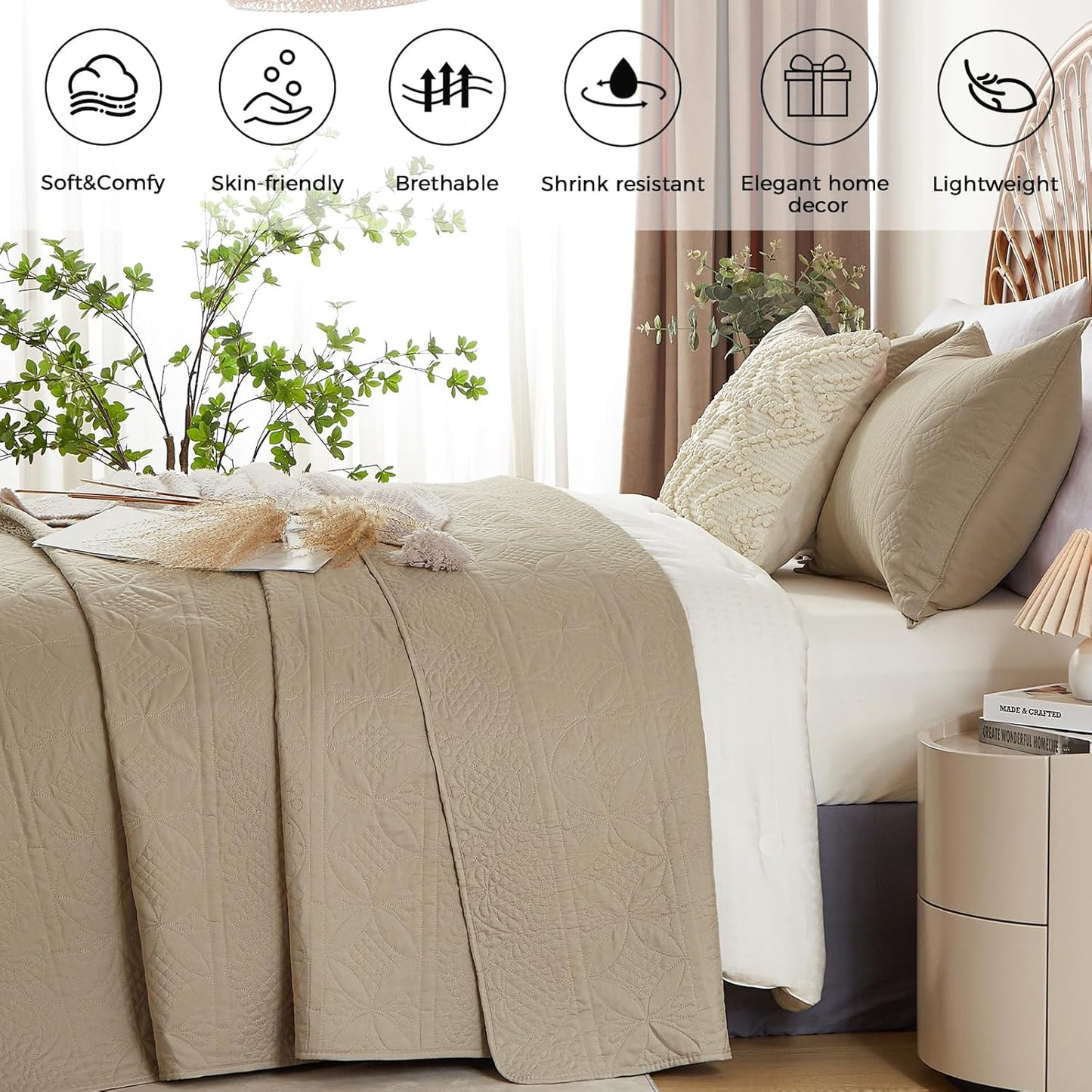 Dluxe Ave. ( KING ) 3 Pcs Bohemian King Quilt Set for All Season/ Lightweight/ Beige