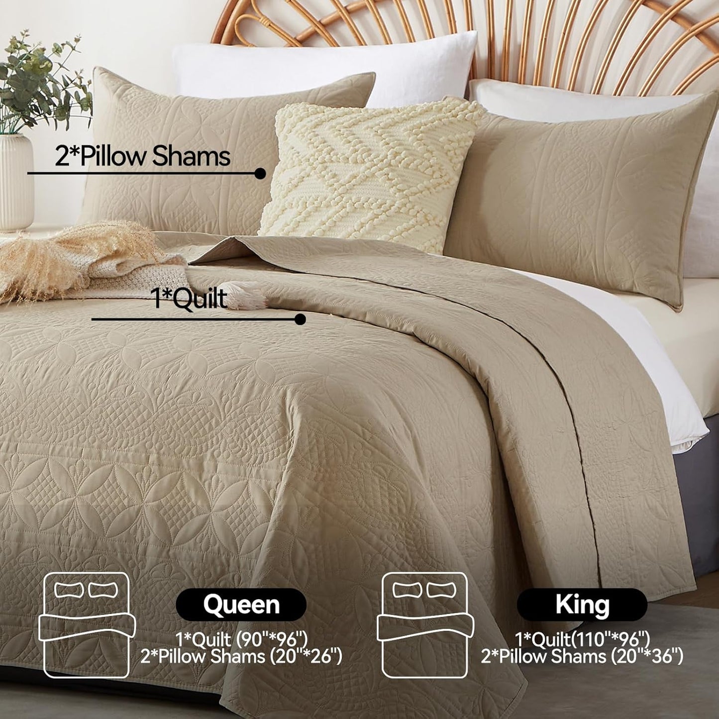 Dluxe Ave. ( KING ) 3 Pcs Bohemian King Quilt Set for All Season/ Lightweight/ Beige