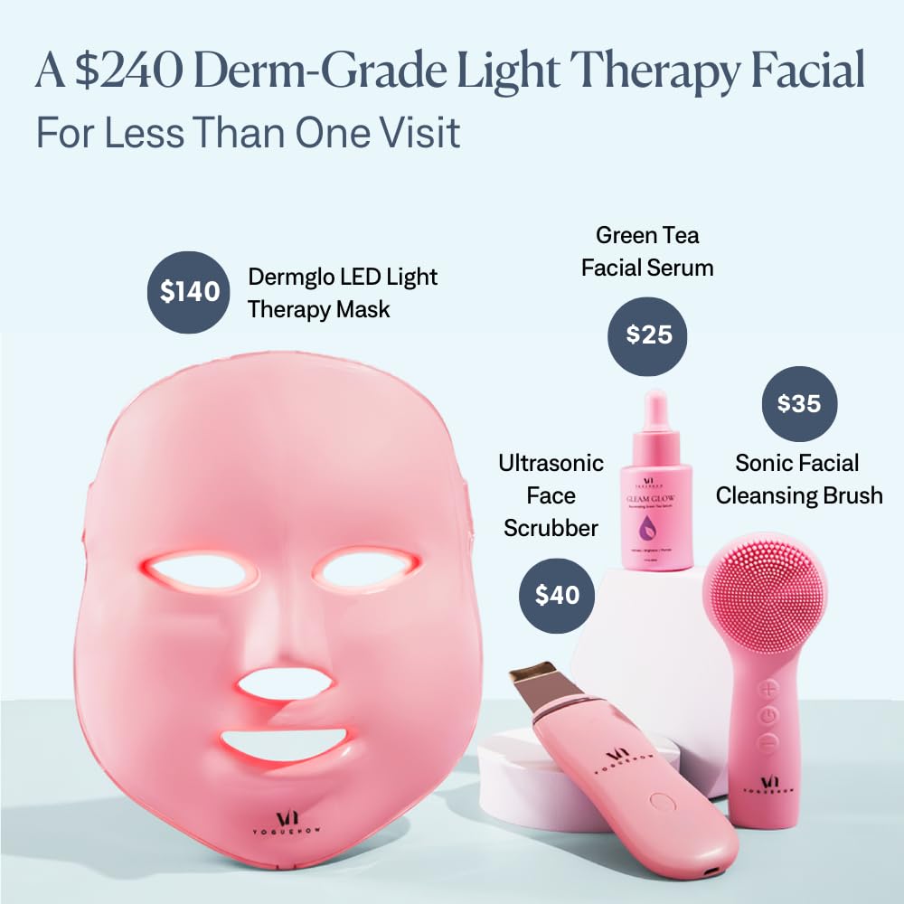 Dluxe Ave. LED Face Mask Light Therapy Premium Valentines Gift Spa Kit (4 Pcs) - With Ultrasonic Scrubber Sonic Brush & Green Tea Serum - 7 Colors (Blue & Red) - Valentine Gifts for Women Galentines Day Gifts