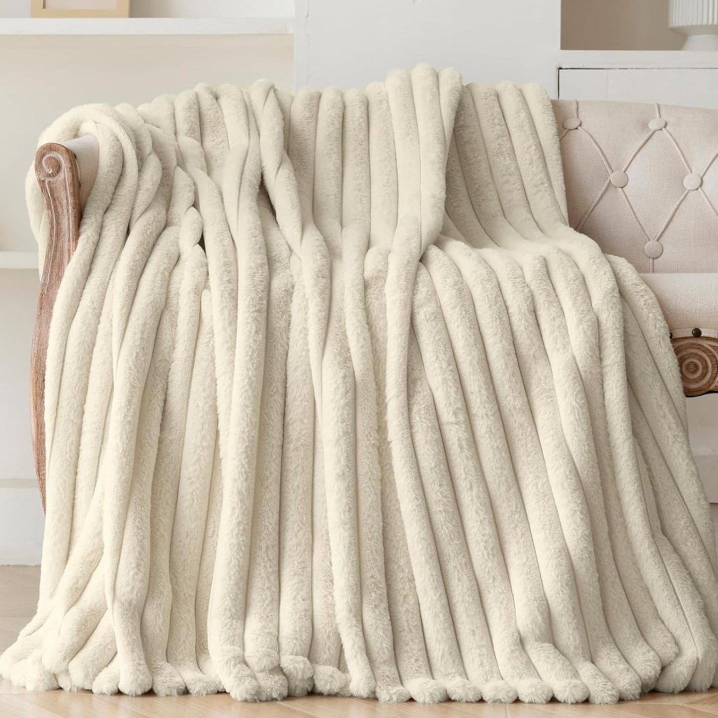 Dluxe Ave. ( TWIN )Faux Fur Throw Blanket, Cozy Soft Warm Plush, Striped, 60"x80" (Beige)