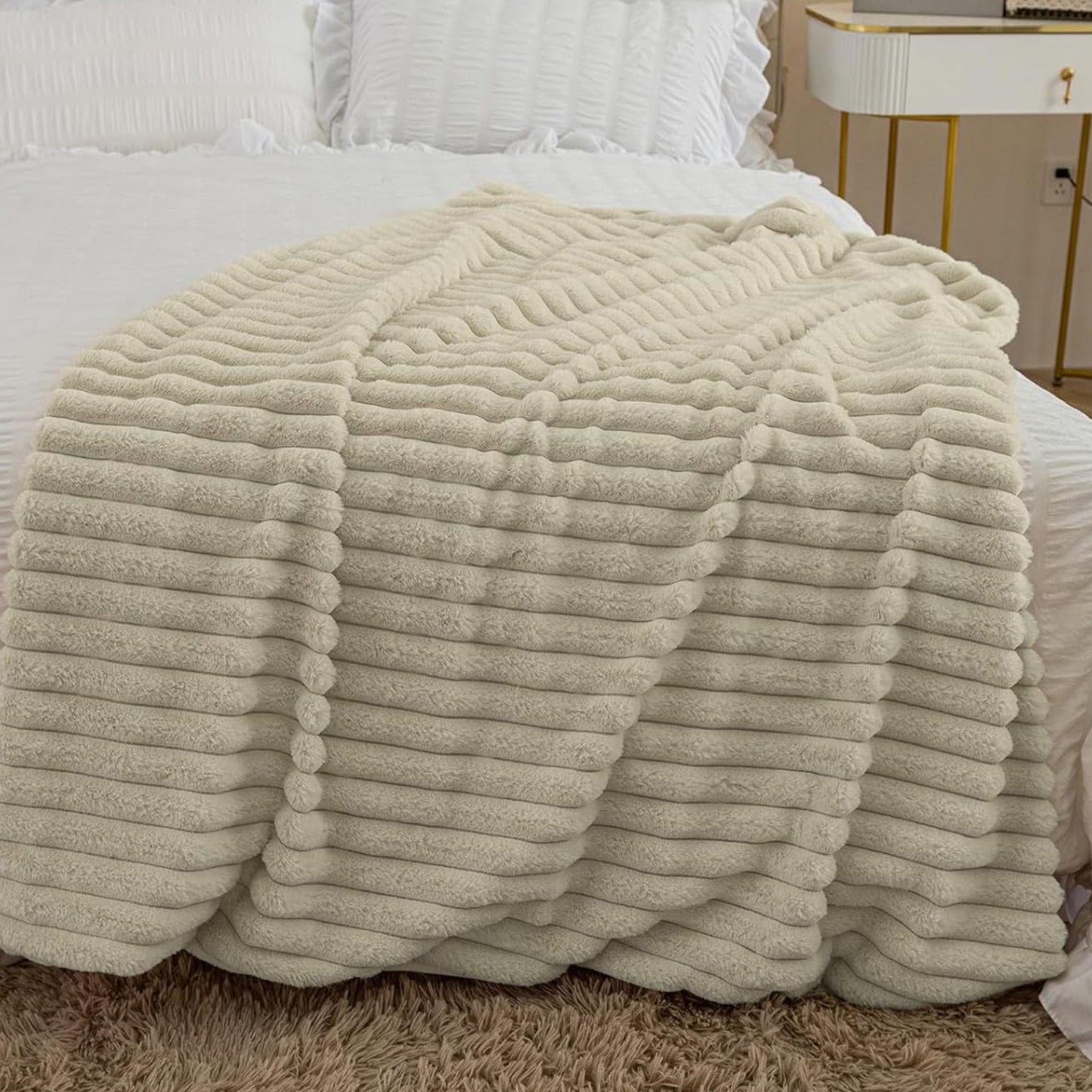 Dluxe Ave. ( TWIN )Faux Fur Throw Blanket, Cozy Soft Warm Plush, Striped, 60"x80" (Beige)
