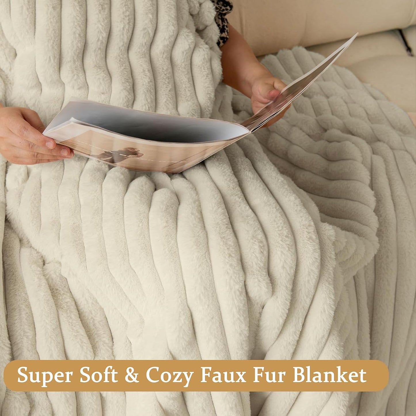 Dluxe Ave. ( TWIN )Faux Fur Throw Blanket, Cozy Soft Warm Plush, Striped, 60"x80" (Beige)