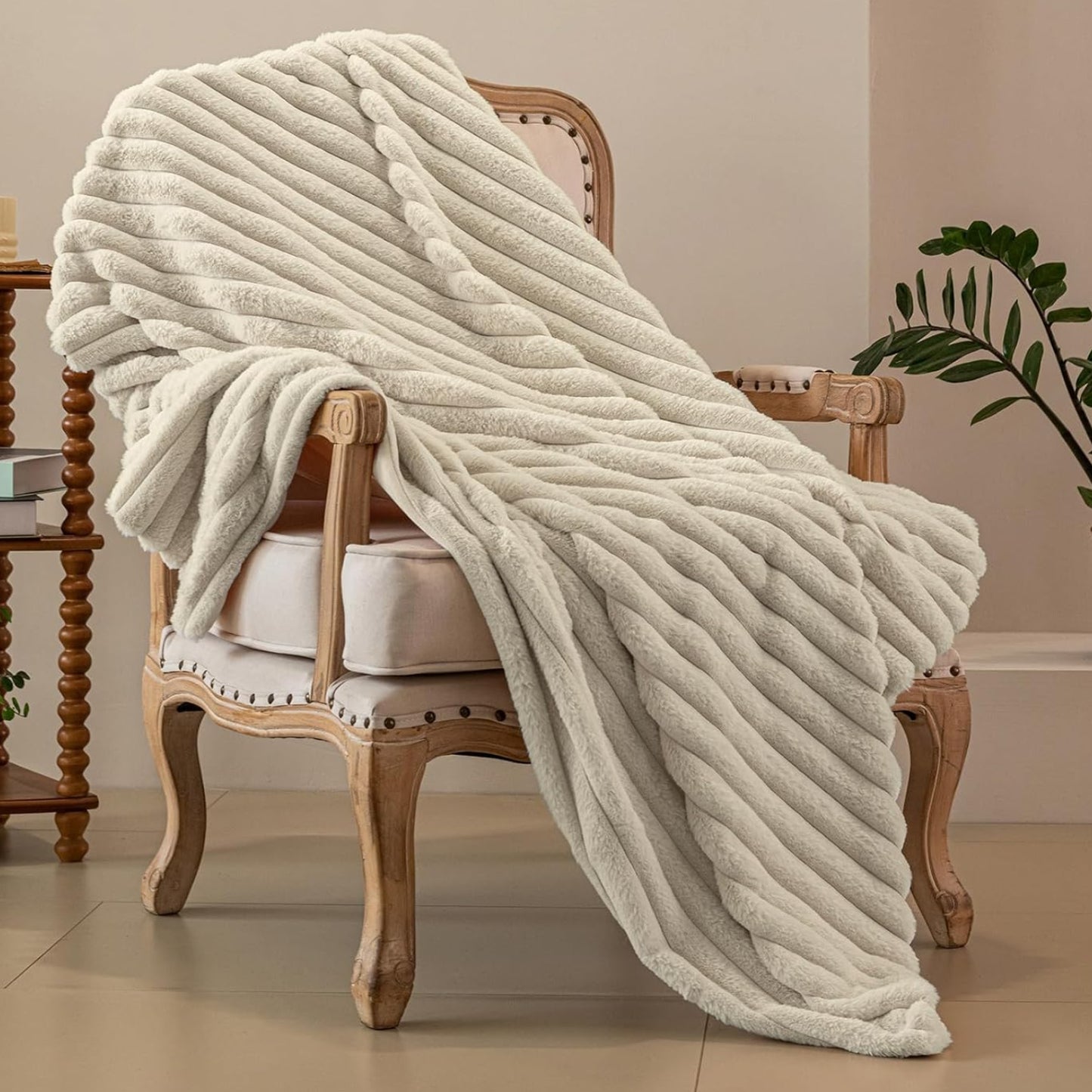 Dluxe Ave. ( TWIN )Faux Fur Throw Blanket, Cozy Soft Warm Plush, Striped, 60"x80" (Beige)