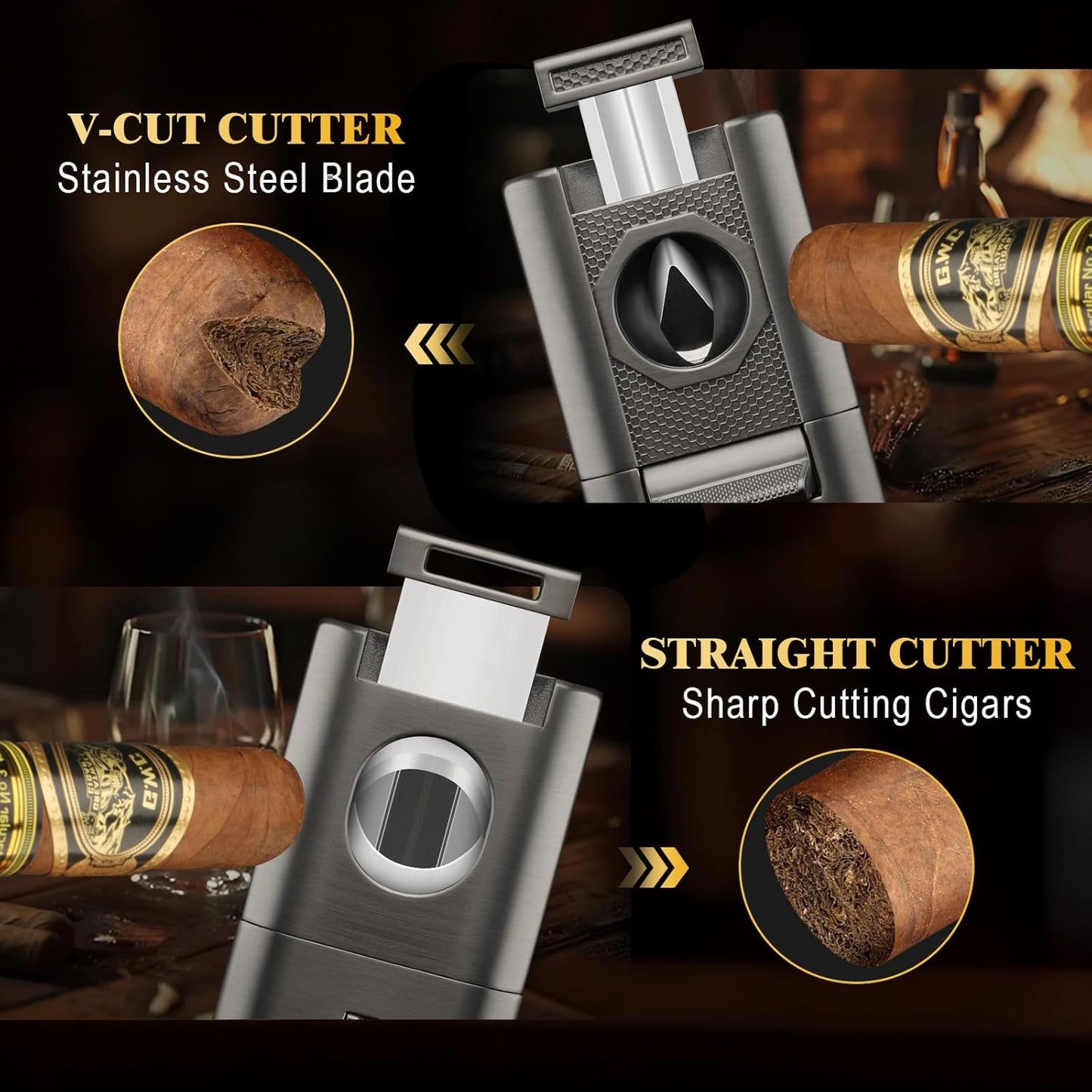 Dluxe Ave.  6-in-1 Cigar Lighter Desktop Torch Lighter with Straight V-Cut Cigar Cutter Dual Punch, (Gray)