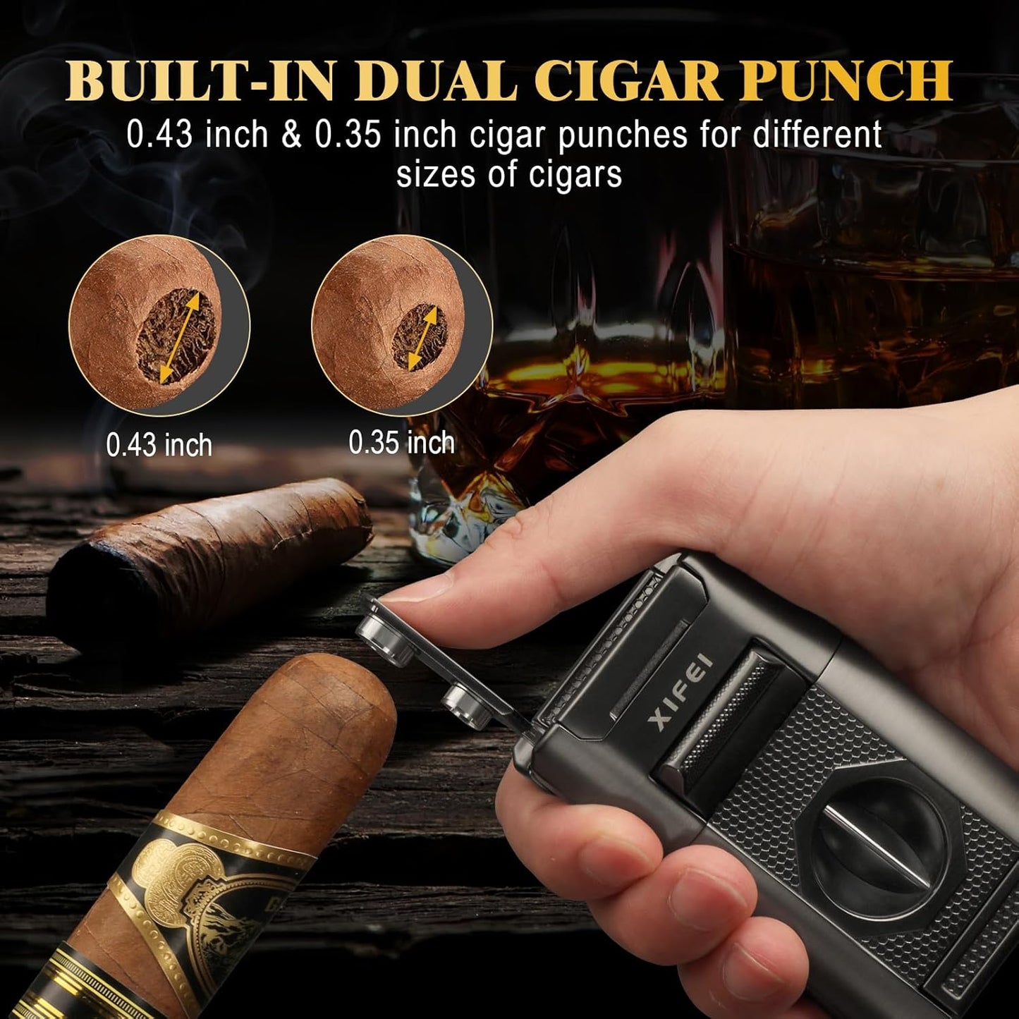 Dluxe Ave.  6-in-1 Cigar Lighter Desktop Torch Lighter with Straight V-Cut Cigar Cutter Dual Punch, (Gray)