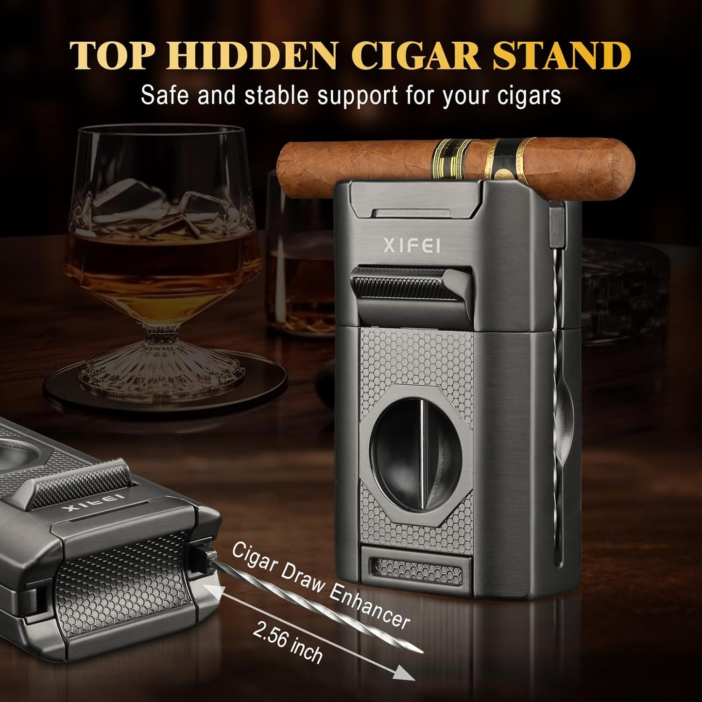 Dluxe Ave.  6-in-1 Cigar Lighter Desktop Torch Lighter with Straight V-Cut Cigar Cutter Dual Punch, (Gray)