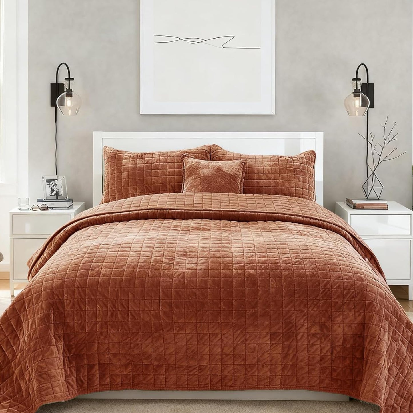 Dluxe Ave. ( KING ) 3 Pcs Luxurious Velvet Quilts Set, Ultra Soft Comforter for All Season, Rust