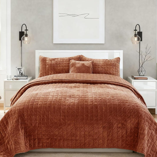 Dluxe Ave. ( KING ) 3 Pcs Luxurious Velvet Quilts Set, Ultra Soft Comforter for All Season, Rust