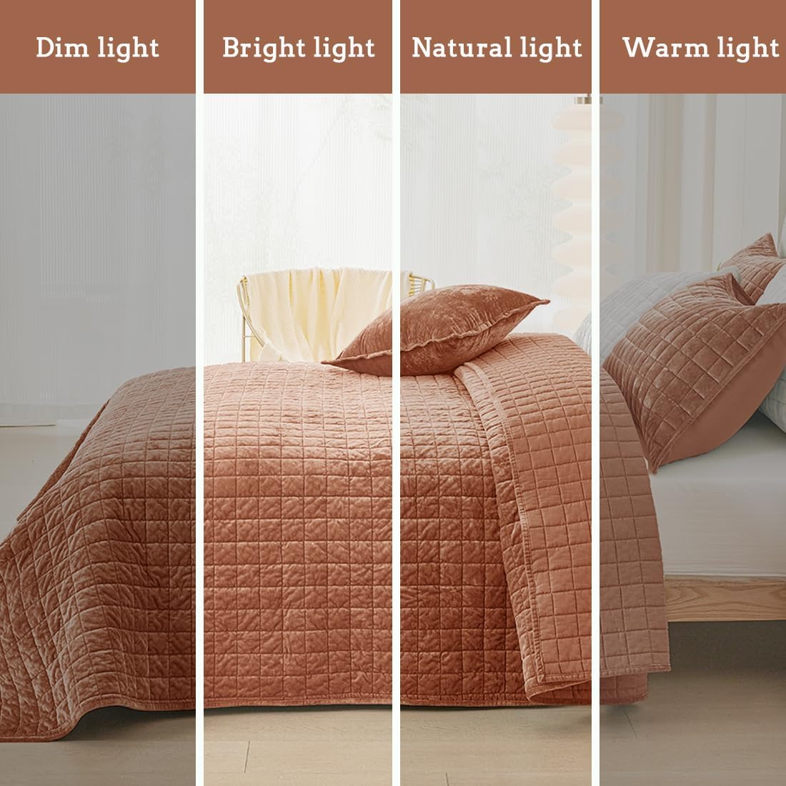 Dluxe Ave. ( KING ) 3 Pcs Luxurious Velvet Quilts Set, Ultra Soft Comforter for All Season, Rust