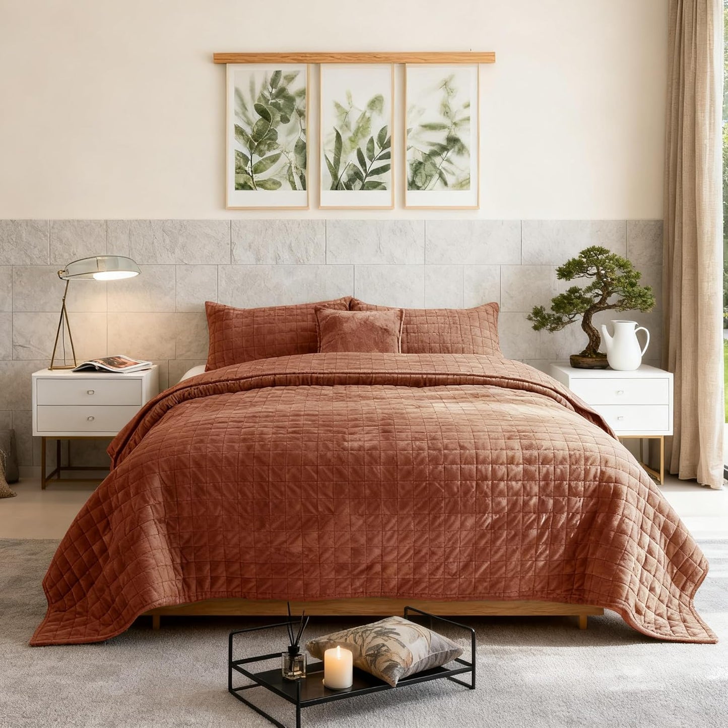 Dluxe Ave. ( KING ) 3 Pcs Luxurious Velvet Quilts Set, Ultra Soft Comforter for All Season, Rust