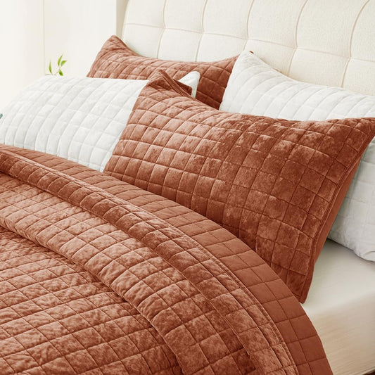Dluxe Ave. ( KING ) 3 Pcs Luxurious Velvet Quilts Set, Ultra Soft Comforter for All Season, Rust