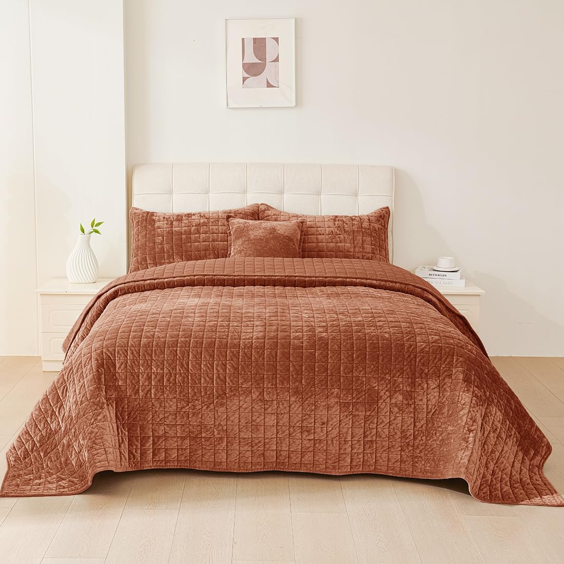 Dluxe Ave. ( KING ) 3 Pcs Luxurious Velvet Quilts Set, Ultra Soft Comforter for All Season, Rust