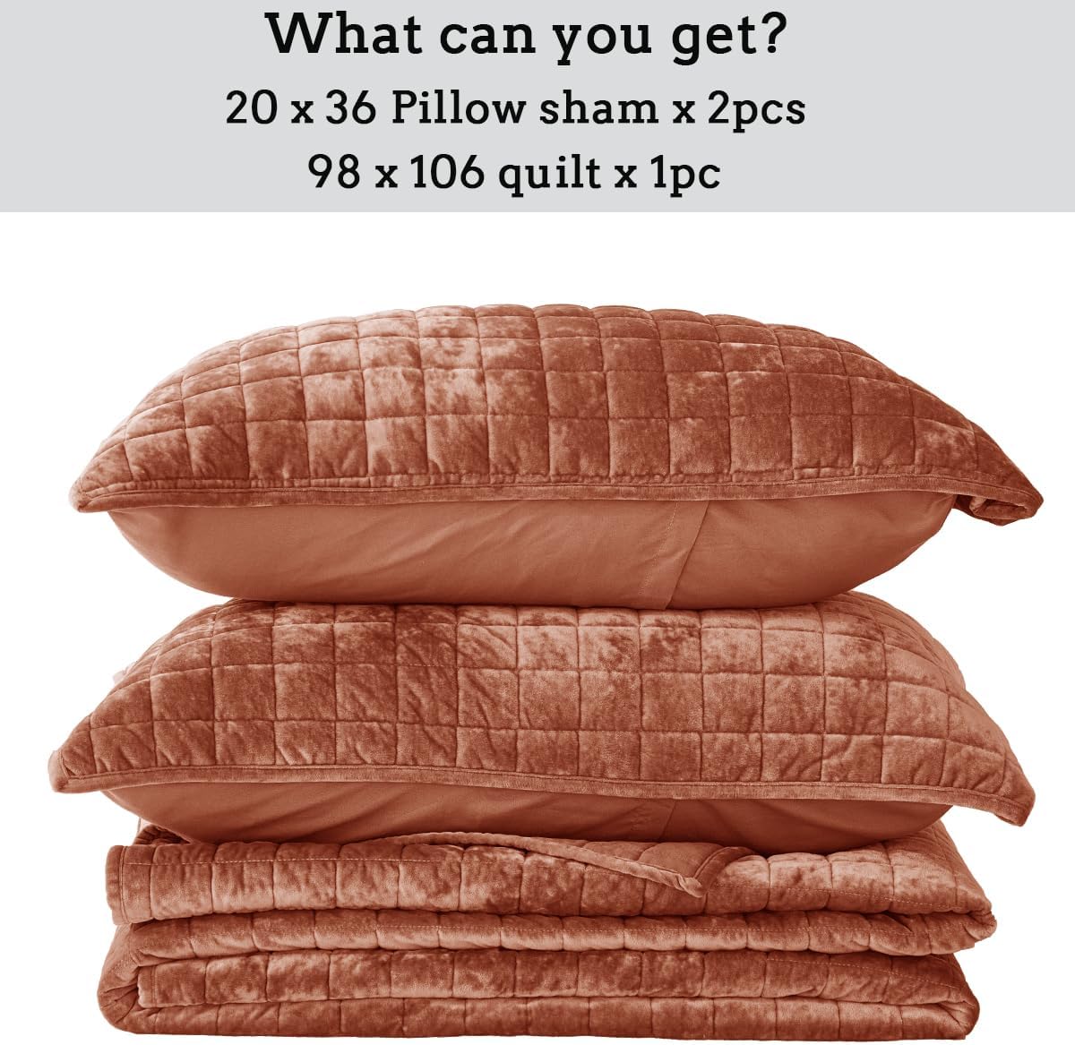 Dluxe Ave. ( KING ) 3 Pcs Luxurious Velvet Quilts Set, Ultra Soft Comforter for All Season, Rust