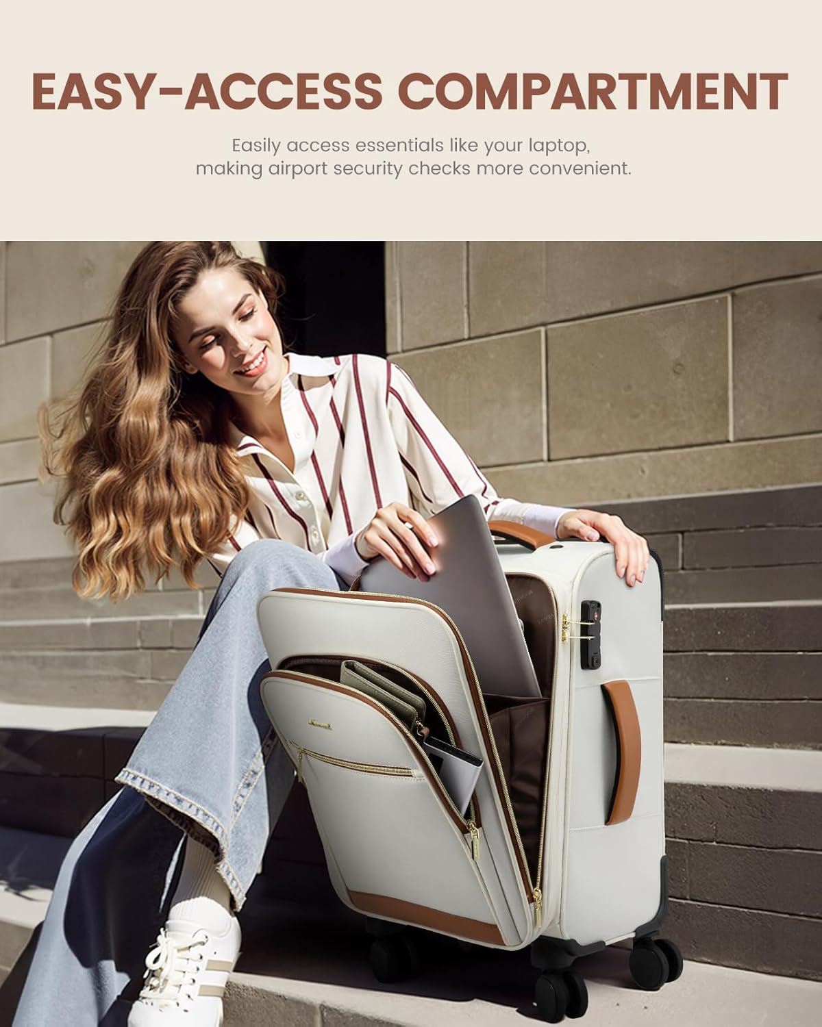 Dluxe Ave. Carry On Luggage/Airline Approved/ Spinner Wheels/ 20 Inch /TSA Lock/ (Beige-brown) 22x14x9