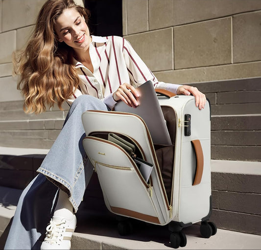 Dluxe Ave. Carry On Luggage/Airline Approved/ Spinner Wheels/ 20 Inch /TSA Lock/ (Beige-brown) 22x14x9