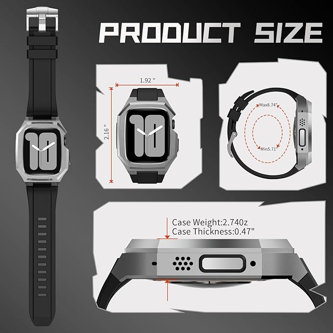 Dluxe Ave. Stainless Steel Protective Case and Fluororubber Band For Apple Watch Band Luxury Cool Mens Shockproof Drop-resistant Watch Case iWatch Series SE2/6/5/4/SE 44mm 9/8/7 45mm Ultra 49mm(45mm-Silver)