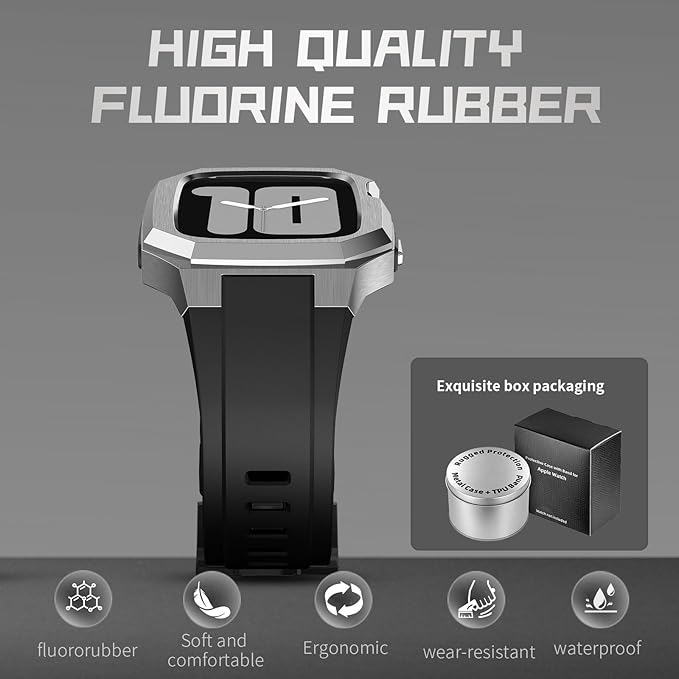 Dluxe Ave. Stainless Steel Protective Case and Fluororubber Band For Apple Watch Band Luxury Cool Mens Shockproof Drop-resistant Watch Case iWatch Series SE2/6/5/4/SE 44mm 9/8/7 45mm Ultra 49mm(45mm-Silver)