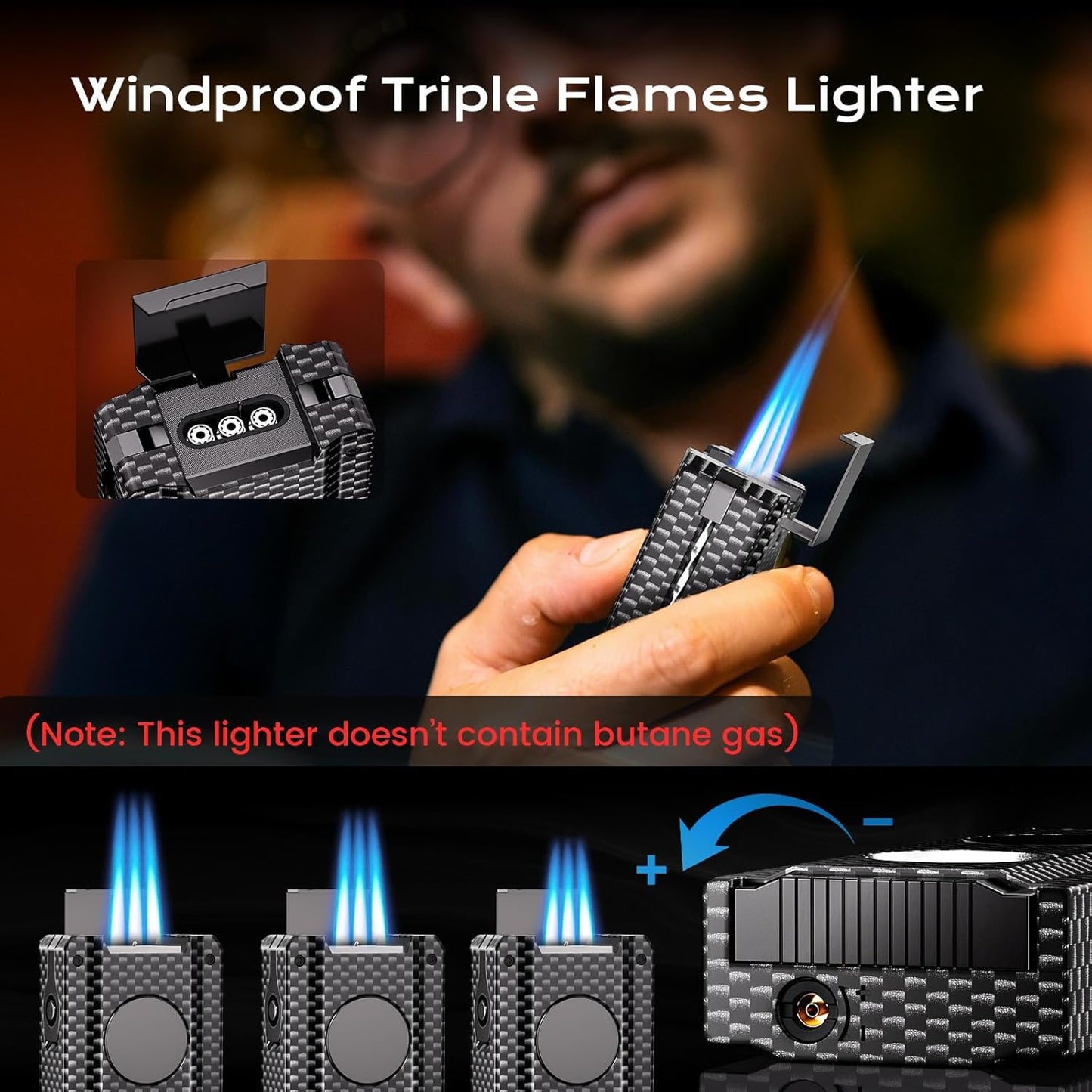 Dluxe Ave. 5-in-one Cigar Lighter with V-Cut Cigar Cutter/ Cigar Punch /Refillable Butane