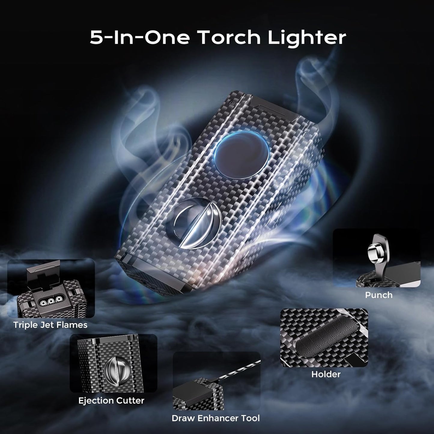 Dluxe Ave. 5-in-one Cigar Lighter with V-Cut Cigar Cutter/ Cigar Punch /Refillable Butane