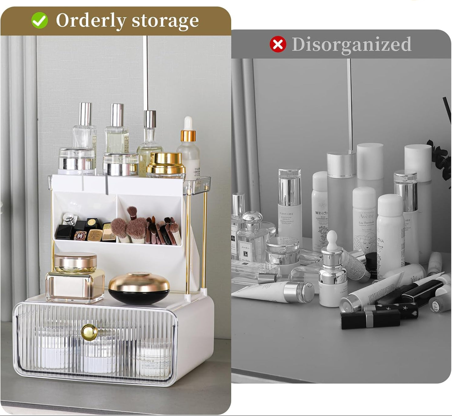 Dluxe Ave. Anlynwooh Makeup Organizer with Drawer Bathroom Organizers and Storage，Makeup Brush HolderLipstick and Perfume OrganizerCosmetic and Vanity OrganizerDesk Organizer (AMBER)