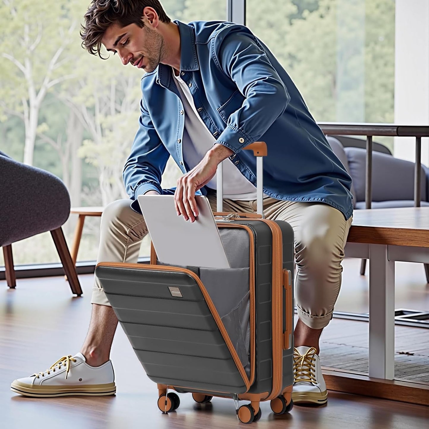 Dluxe Ave. Hard Shell Carry on Suitcase/ 20 Inch Travel Luggage/ Spinner Wheels/USB Port (Grey)22x14x9