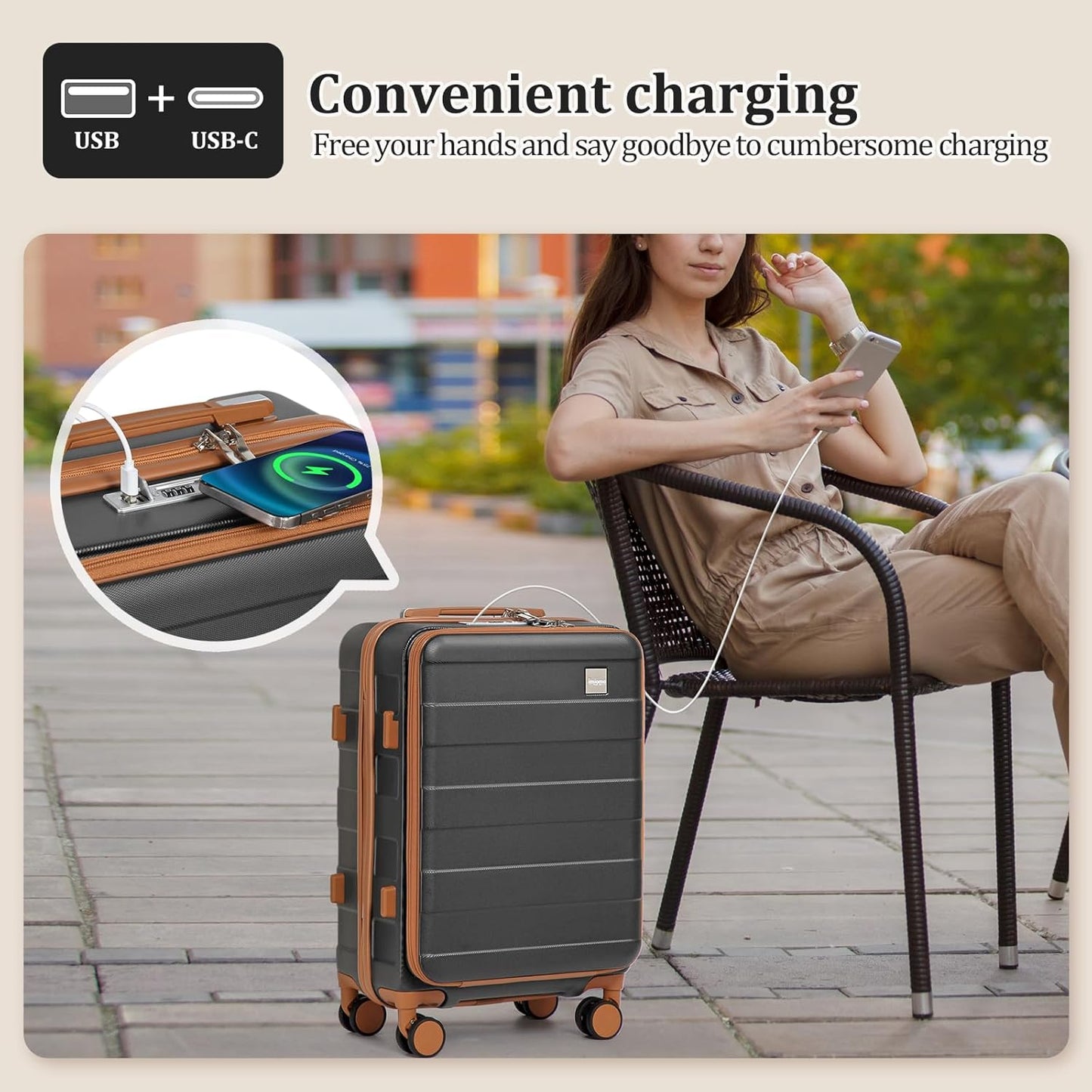 Dluxe Ave. Hard Shell Carry on Suitcase/ 20 Inch Travel Luggage/ Spinner Wheels/USB Port (Grey)22x14x9