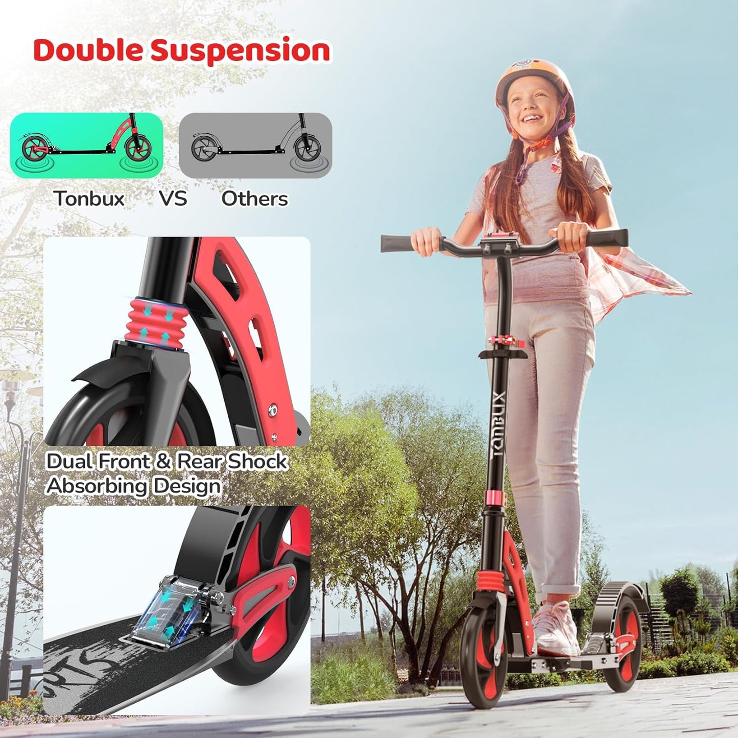 Dluxe Ave. TONBUX Kick Scooter for Ages 6+ Lightweight Aluminum Frame with Dual Suspension Kids Scooter for Kids Teens (Black+Red)