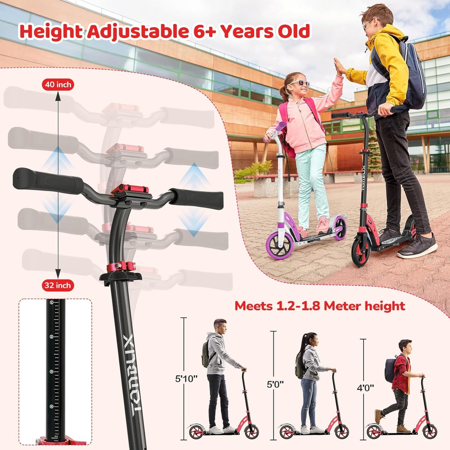 Dluxe Ave. TONBUX Kick Scooter for Ages 6+ Lightweight Aluminum Frame with Dual Suspension Kids Scooter for Kids Teens (Black+Red)