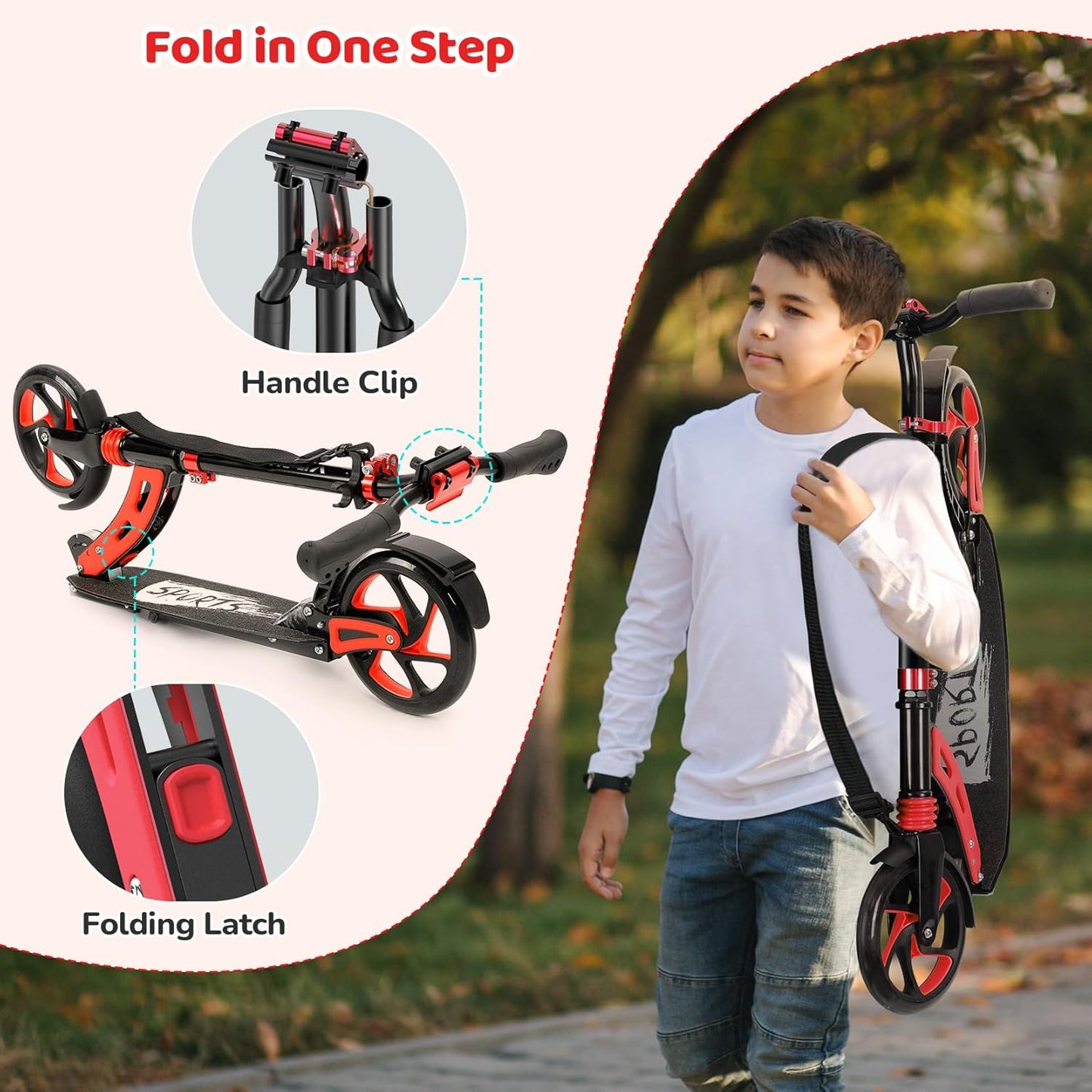 Dluxe Ave. TONBUX Kick Scooter for Ages 6+ Lightweight Aluminum Frame with Dual Suspension Kids Scooter for Kids Teens (Black+Red)