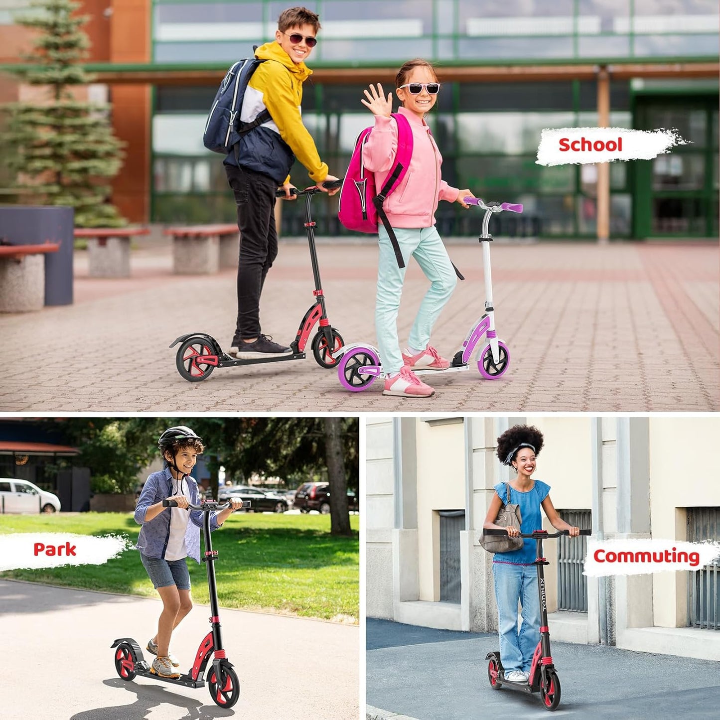 Dluxe Ave. TONBUX Kick Scooter for Ages 6+ Lightweight Aluminum Frame with Dual Suspension Kids Scooter for Kids Teens (Black+Red)