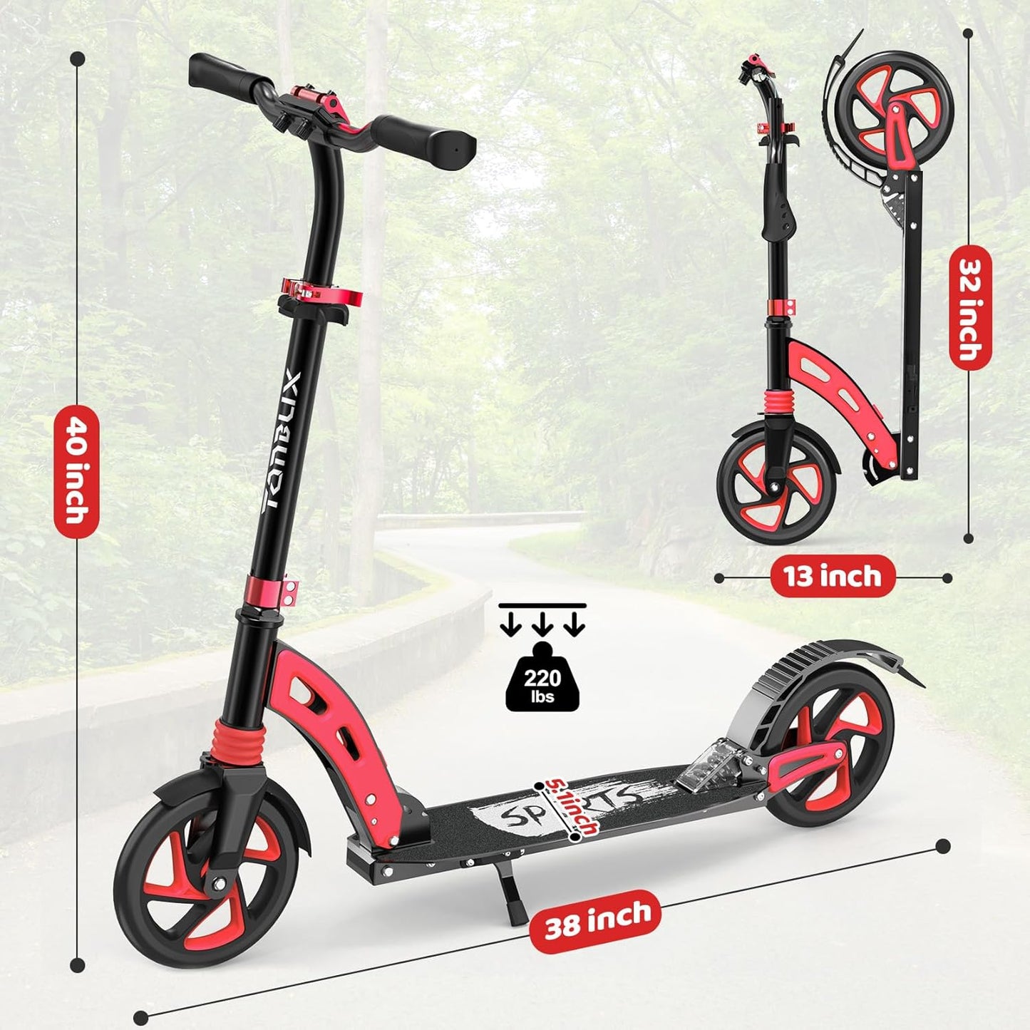 Dluxe Ave. TONBUX Kick Scooter for Ages 6+ Lightweight Aluminum Frame with Dual Suspension Kids Scooter for Kids Teens (Black+Red)