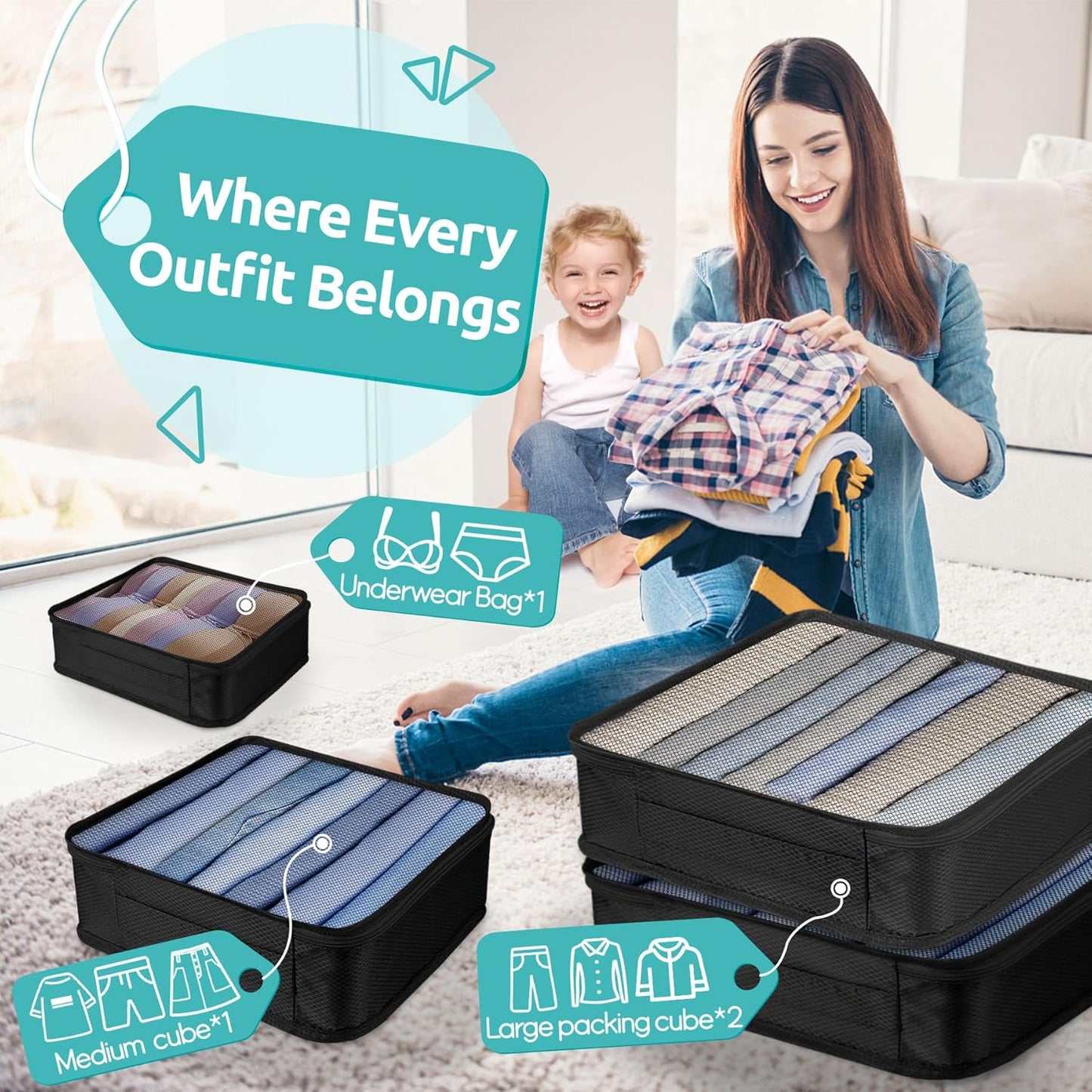 Dluxe Ave. 12 Set Packing Travel Essentials/Accessories Luggage Organizer (Black)