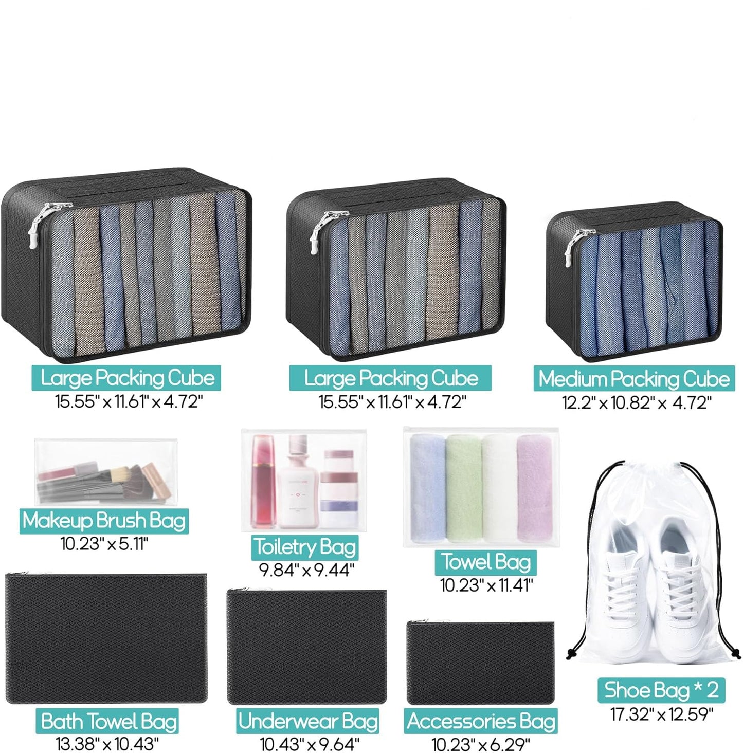 Dluxe Ave. 12 Set Packing Travel Essentials/Accessories Luggage Organizer (Black)