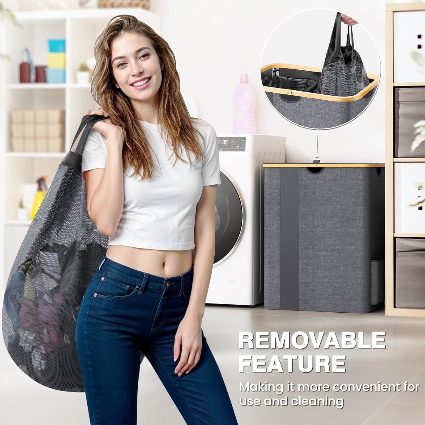 Dluxe Ave. BlissTotes Laundry Basket with Lid 150L Clothes Laundry Hamper with Handles  Light Grey