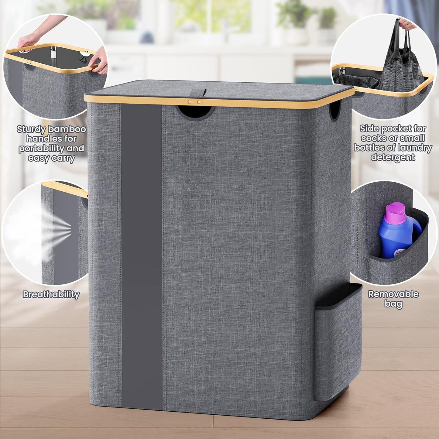 Dluxe Ave. BlissTotes Laundry Basket with Lid 150L Clothes Laundry Hamper with Handles  Light Grey