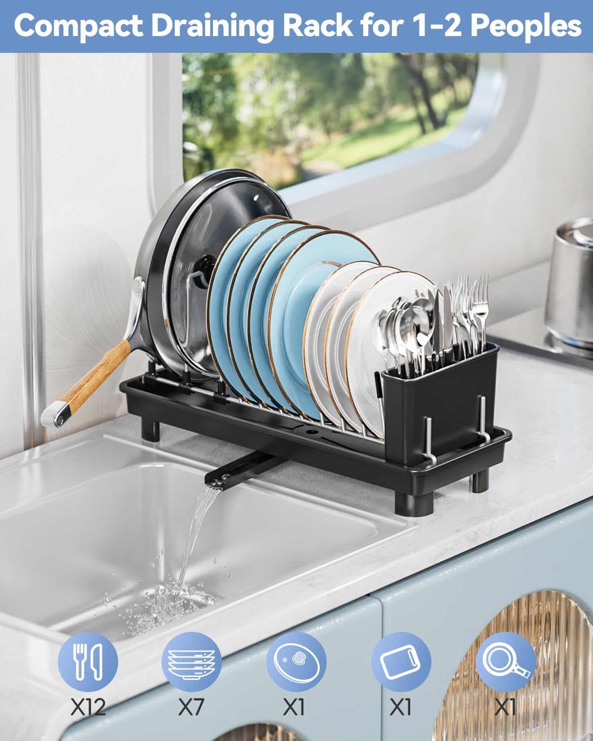 Dluxe Ave. Small Dish Drying Rack Compact for Kitchen Counter with 360° Rotatable Spout/ Stainless Steel