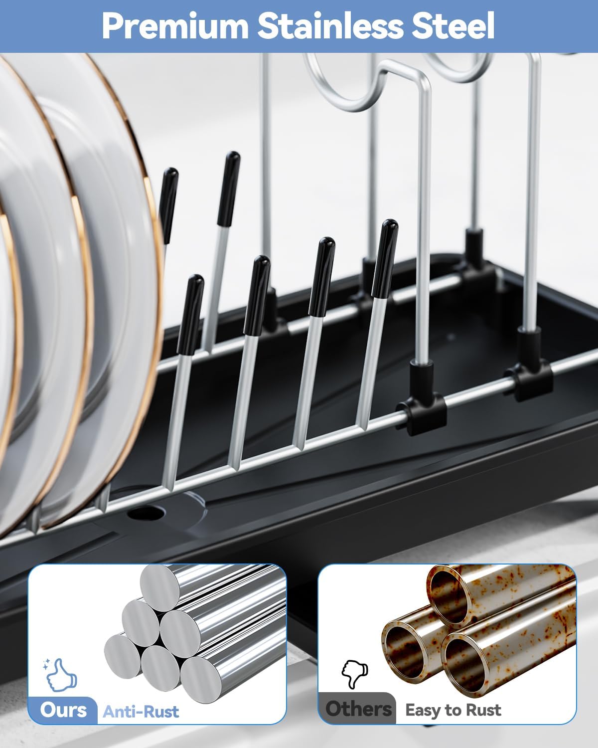 Dluxe Ave. Small Dish Drying Rack Compact for Kitchen Counter with 360° Rotatable Spout/ Stainless Steel