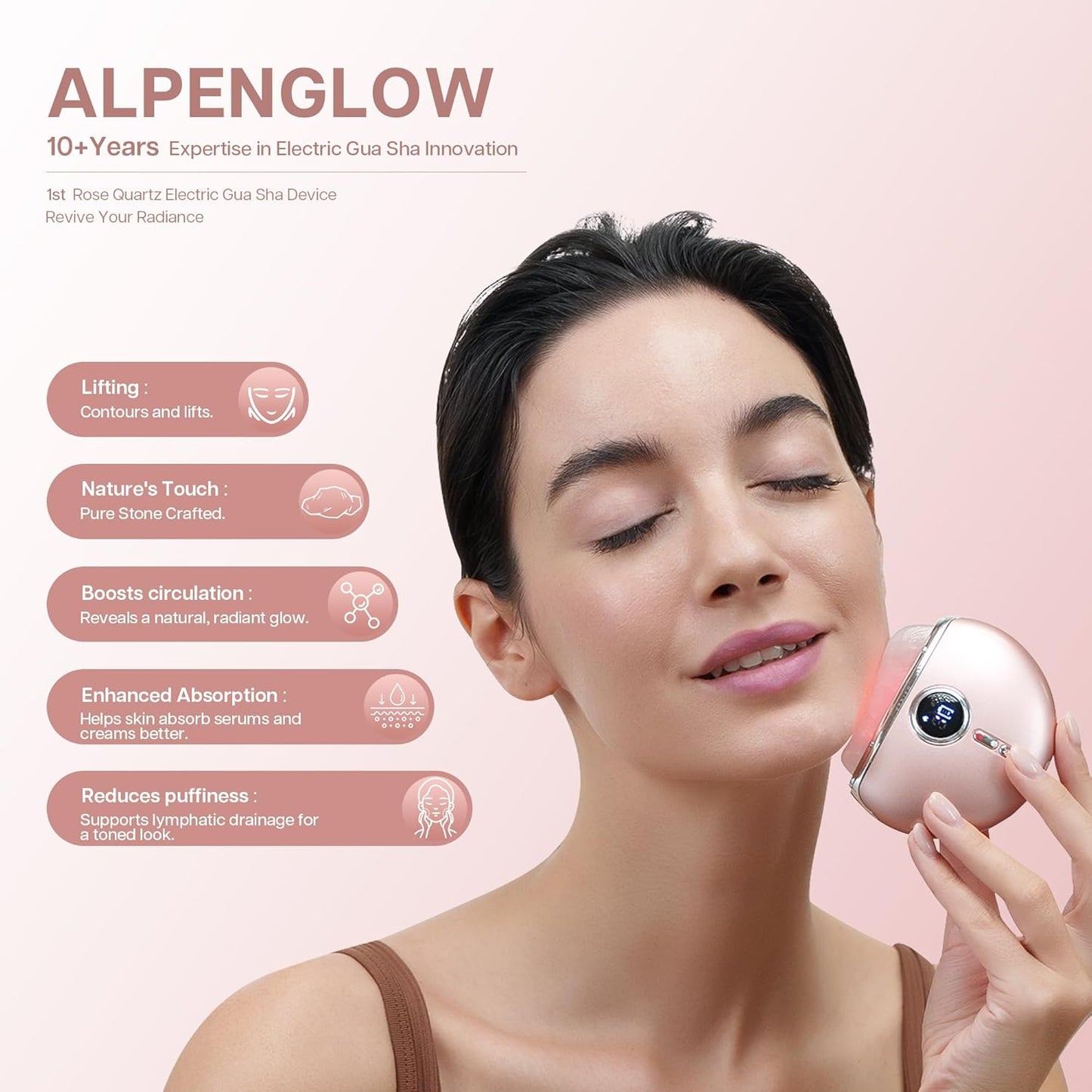 Dluxe Ave. VRAIKO Alpenglow Electric Gua Sha Device Rose Quartz Gua Sha Facial Tools with Heat and Vibration
