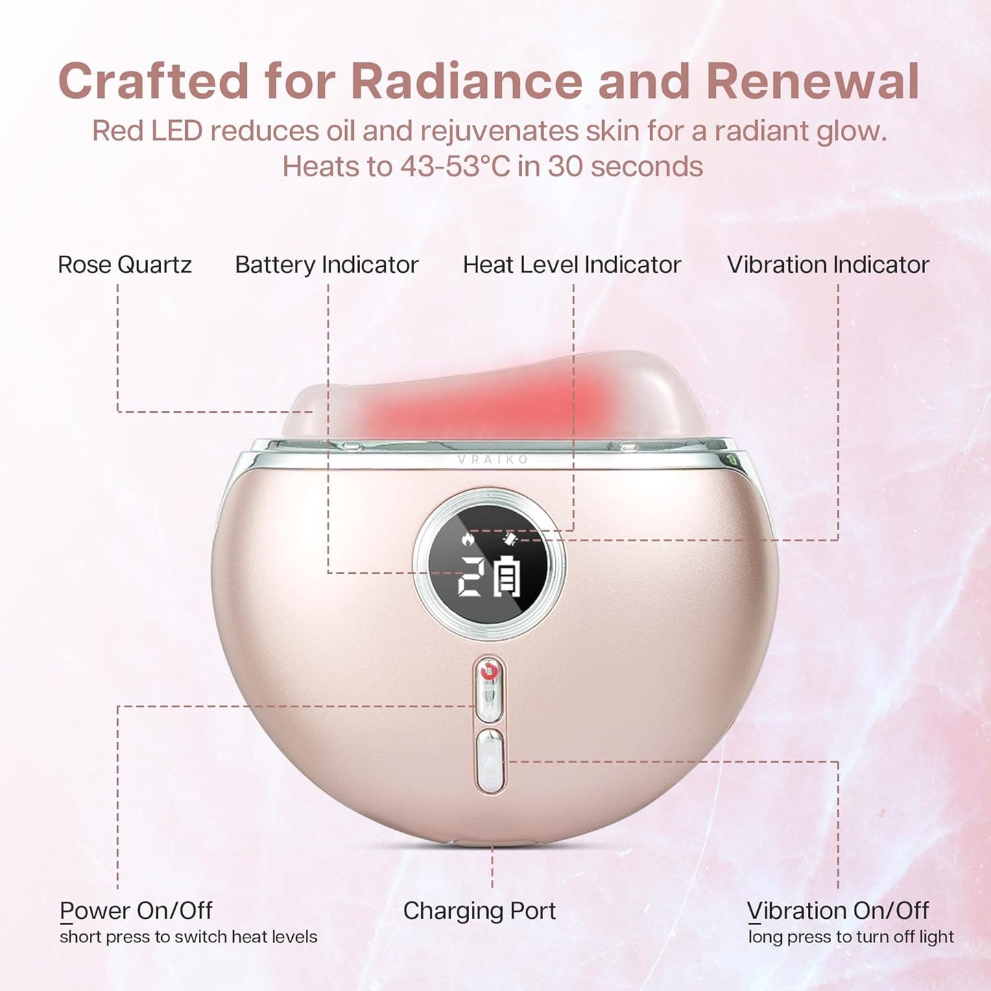 Dluxe Ave. VRAIKO Alpenglow Electric Gua Sha Device Rose Quartz Gua Sha Facial Tools with Heat and Vibration
