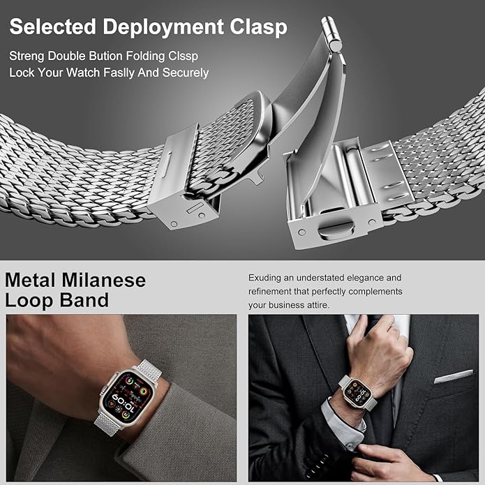 Dluxe Ave. Milanese Mesh Loop Band - Compatible with Apple Watch Ultra 2/Ultra Band 49mm 45mm 44mm Men Women Stainless Steel Metal Mesh Loop Adjustable Strap for iWatch Ultra 2/Ultra Series 10 46mm SE 9/8/7/6/5