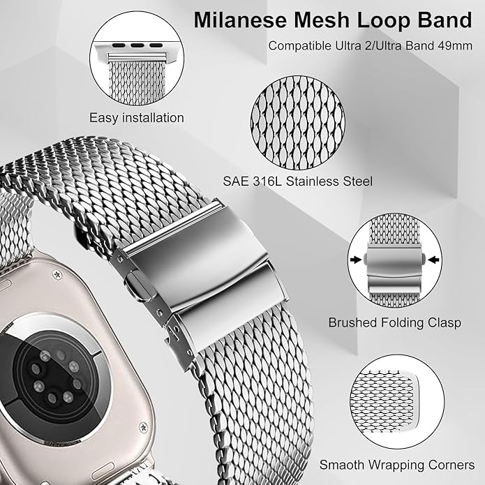 Dluxe Ave. Milanese Mesh Loop Band - Compatible with Apple Watch Ultra 2/Ultra Band 49mm 45mm 44mm Men Women Stainless Steel Metal Mesh Loop Adjustable Strap for iWatch Ultra 2/Ultra Series 10 46mm SE 9/8/7/6/5