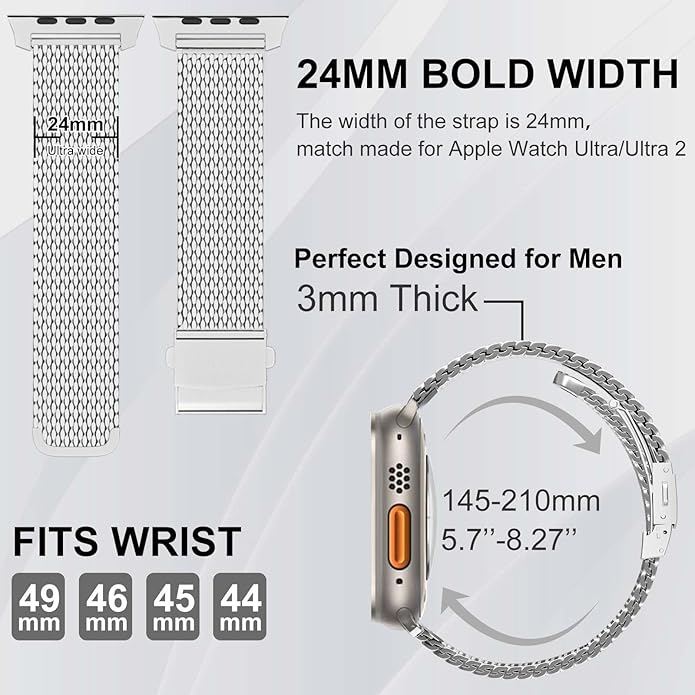 Dluxe Ave. Milanese Mesh Loop Band - Compatible with Apple Watch Ultra 2/Ultra Band 49mm 45mm 44mm Men Women Stainless Steel Metal Mesh Loop Adjustable Strap for iWatch Ultra 2/Ultra Series 10 46mm SE 9/8/7/6/5