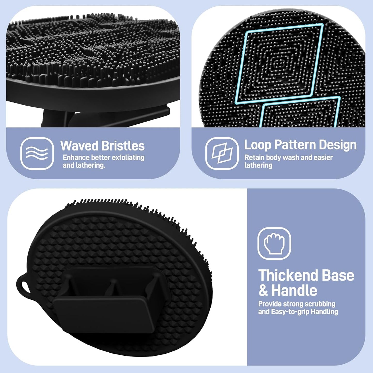 Dluxe Ave. GEENOA Silicone Body Scrubber 2 PCS Exfoliating Body Scrubber with Intensive Bristles and Comfort Handle(Black x2)