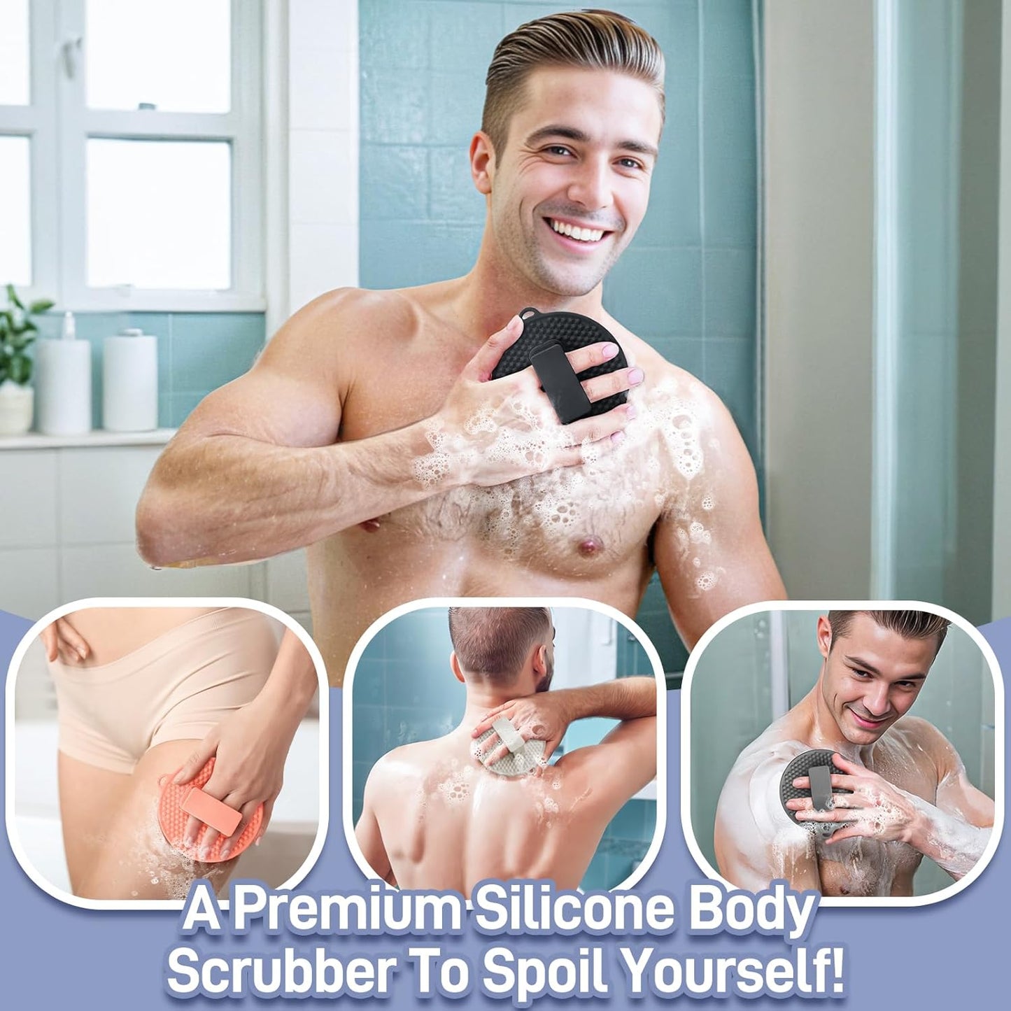 Dluxe Ave. GEENOA Silicone Body Scrubber 2 PCS Exfoliating Body Scrubber with Intensive Bristles and Comfort Handle(Black x2)