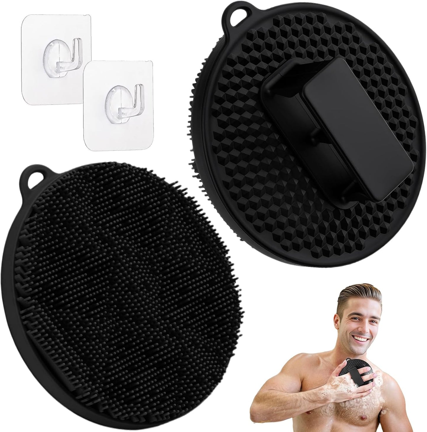 Dluxe Ave. GEENOA Silicone Body Scrubber 2 PCS Exfoliating Body Scrubber with Intensive Bristles and Comfort Handle(Black x2)