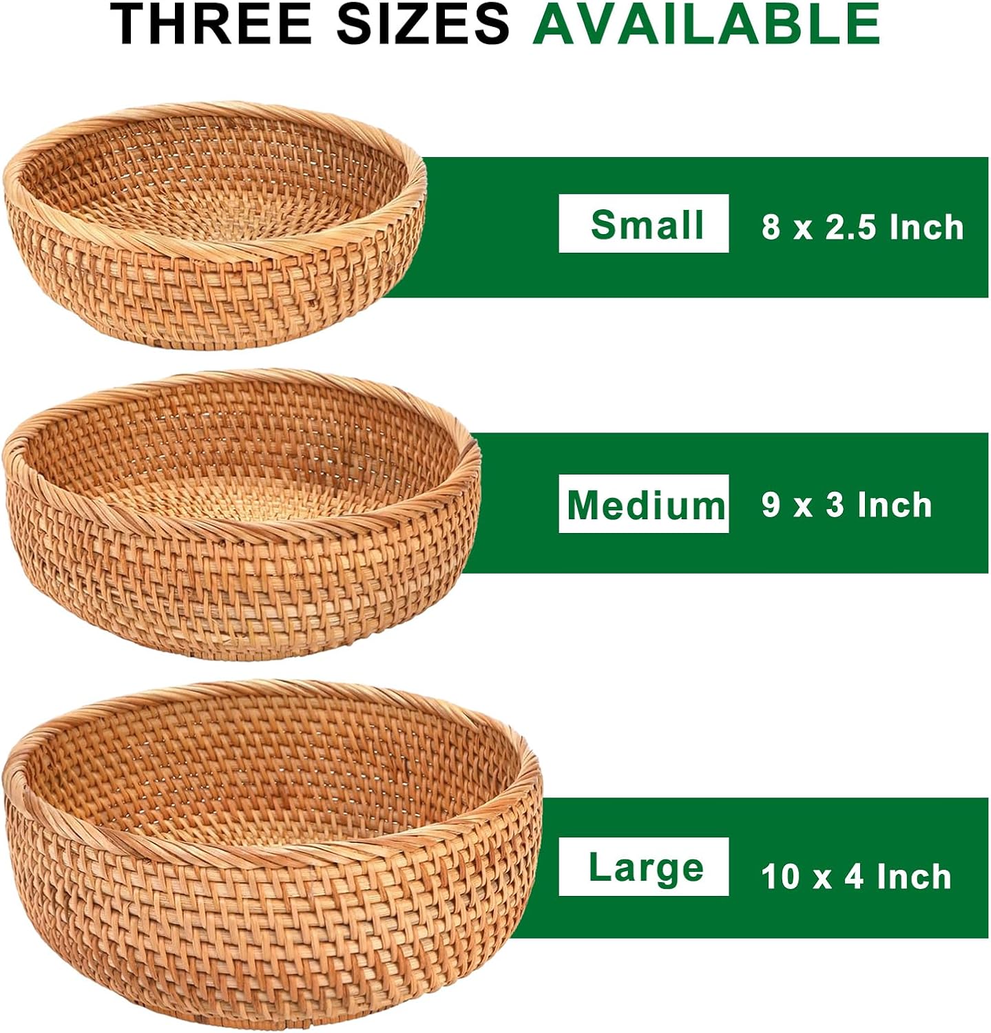 Dluxe Ave. Round Rattan Bread Baskets / Hand Woven Wicker Fruit Basket for Table Set of 3